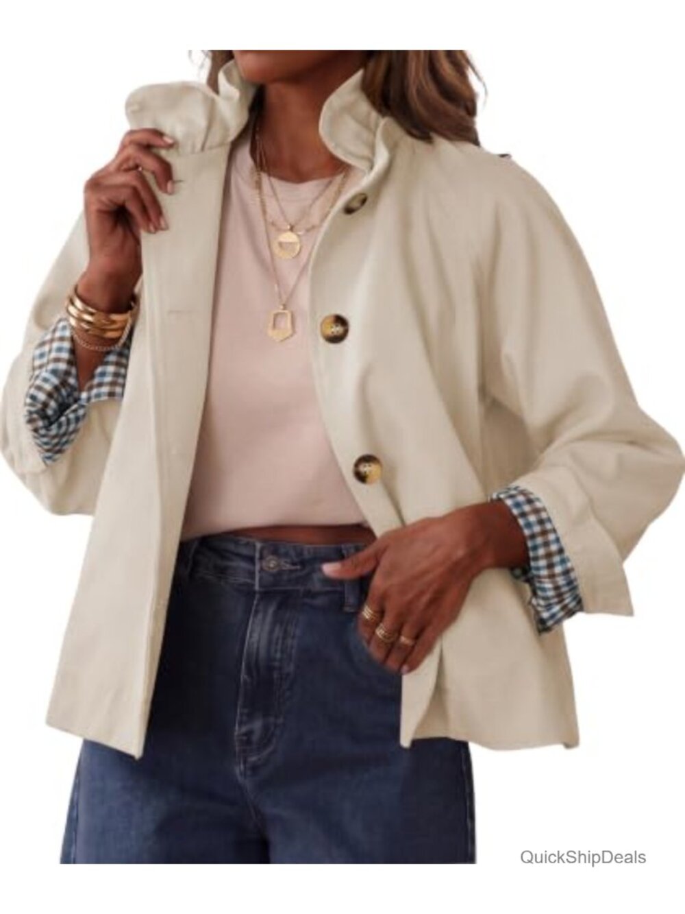 Ruffle Trench Coat Cropped Jacket Plaid Cuff Women Fall Outerwear